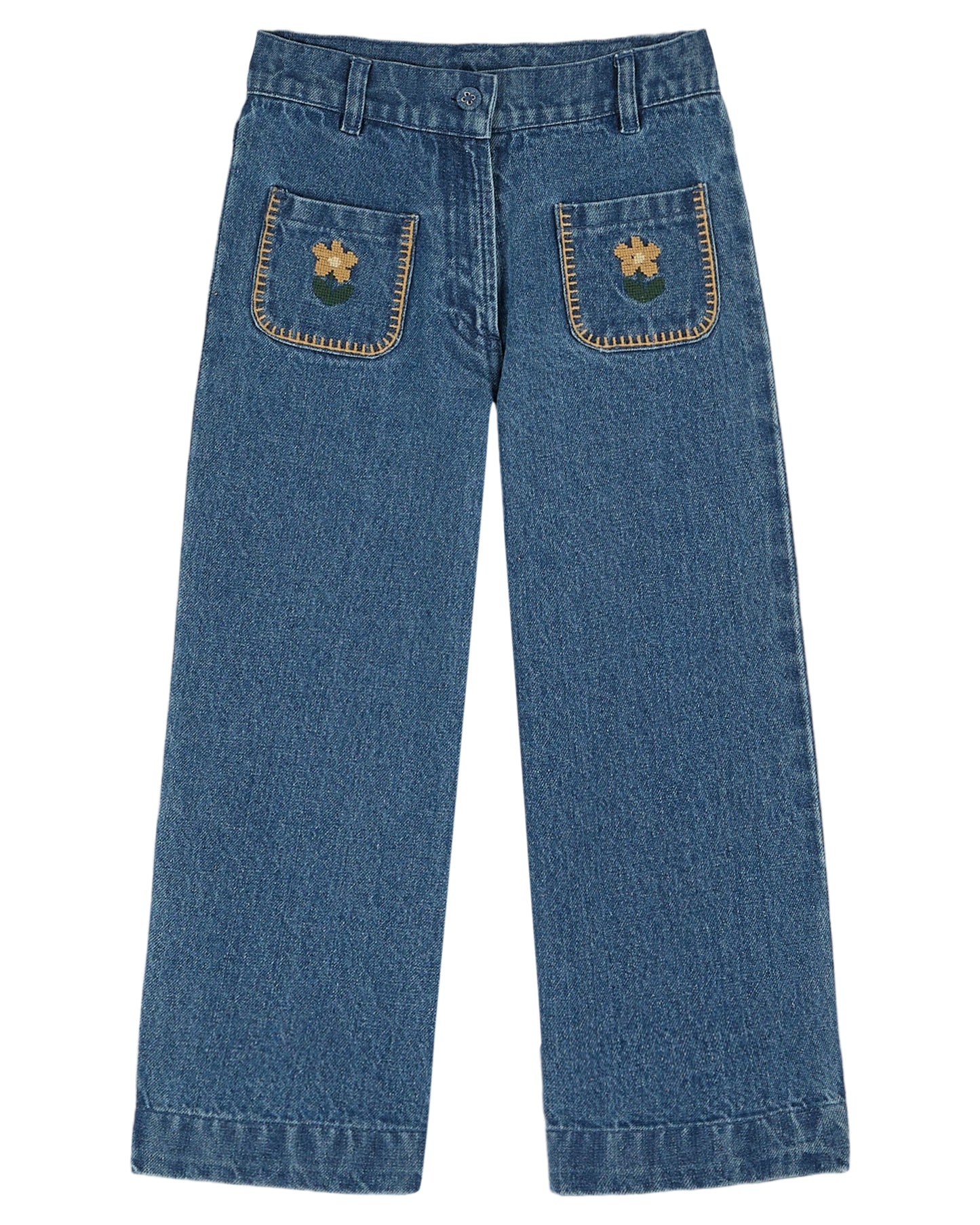 Emile et Ida Floral Embroidered Pockets Hose Denim