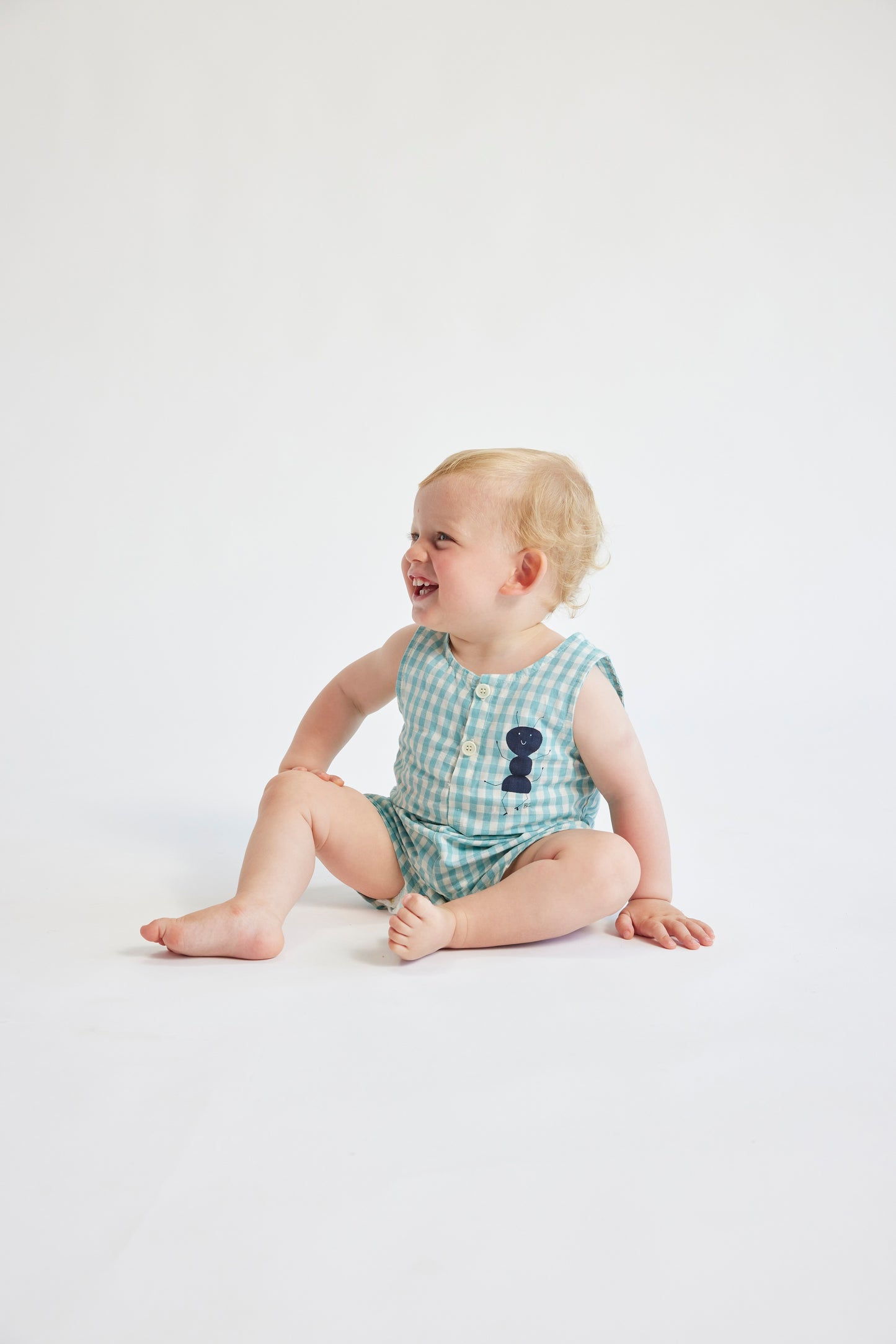 Bobo Choses Baby Ant Vichy Woven Playsuit Turquoise