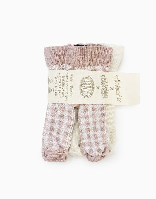 Minikane X Delage – 2er-Pack weiche Strumpfhosen aus Lammfell/altrosa kariert