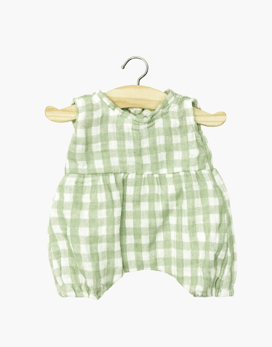 Minikane Noa-Strampler aus grüner Gingham-Baumwollgaze mit Beutel