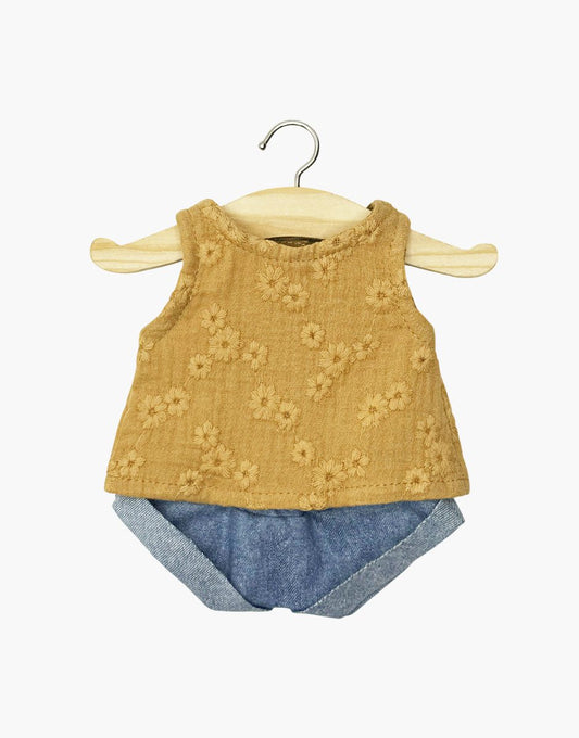 Minikane Andrée-Top-Set aus kamelfarbener Baumwollgaze mit Blumenstickerei und Mini-Jeansshorts