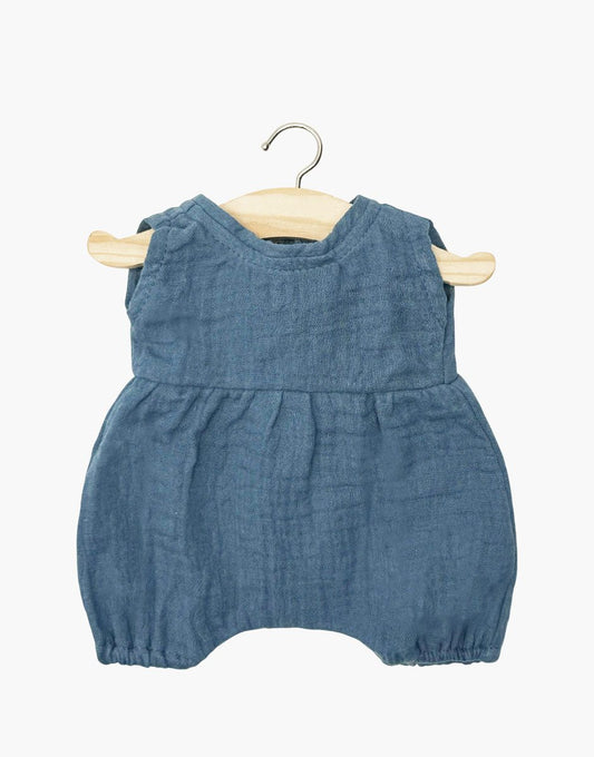 Minikane Noa-Strampler aus ultramarinblauer Baumwollgaze mit Beutel