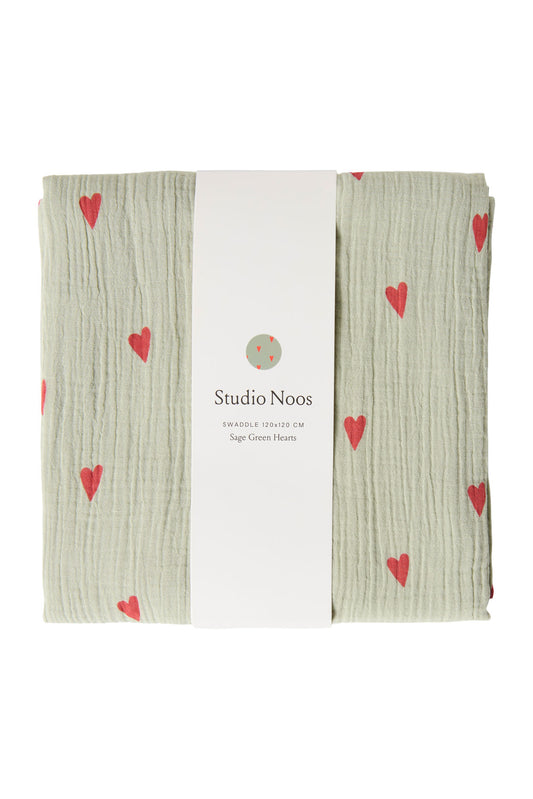 Studio Noos Musselintuch Sage Green Hearts 120x120cm