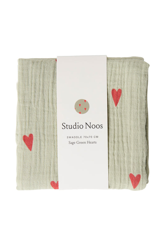 Studio Noos Musselintuch Sage Green Hearts 70x70cm