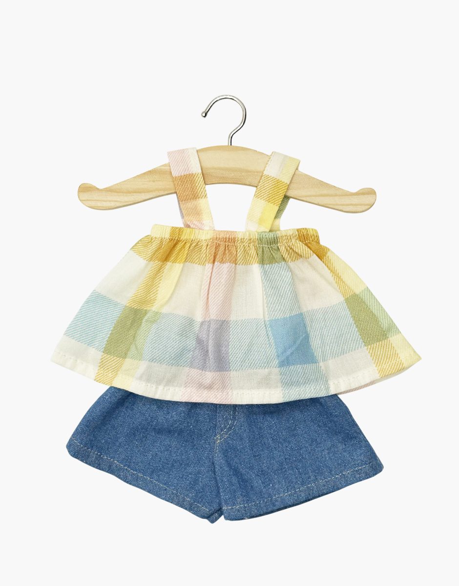 Minikane Mila – Set aus pastellfarbenem Oberteil mit Schottenkaromuster und Jeansshorts
